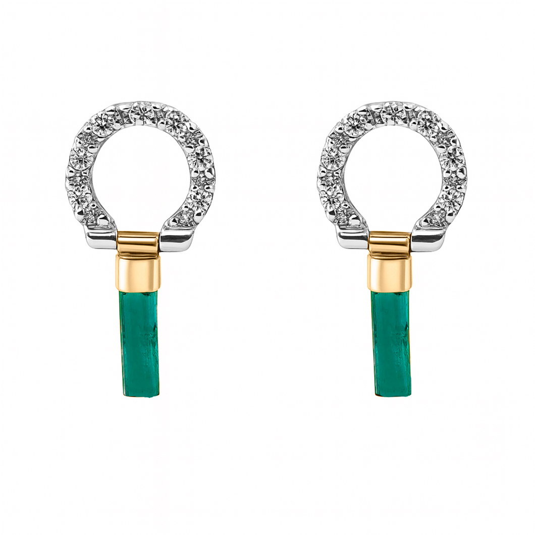 Aretes Con Canutillos En Esmeralda Con Diamantes En Oro Blanco 18k