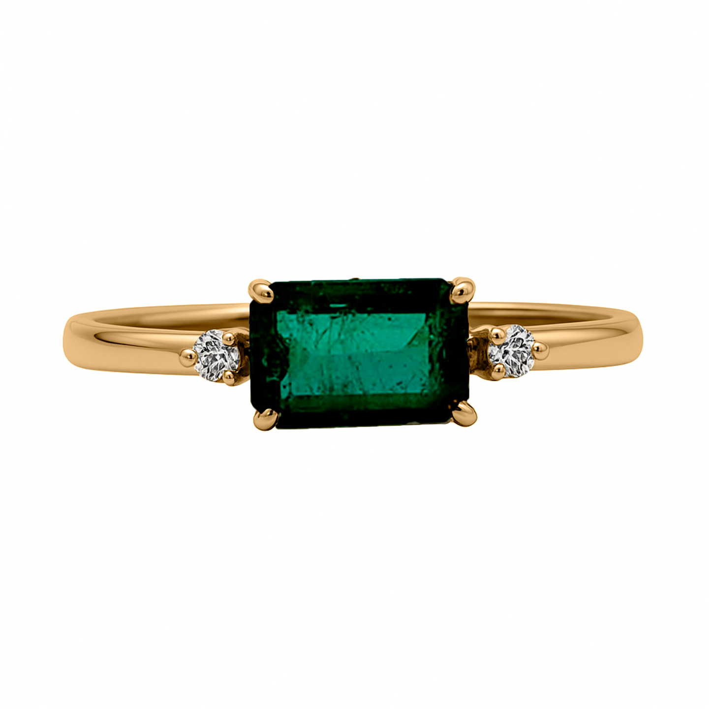 Anillo Solitario con Esmeralda y Diamantes en Oro Amarillo 18k