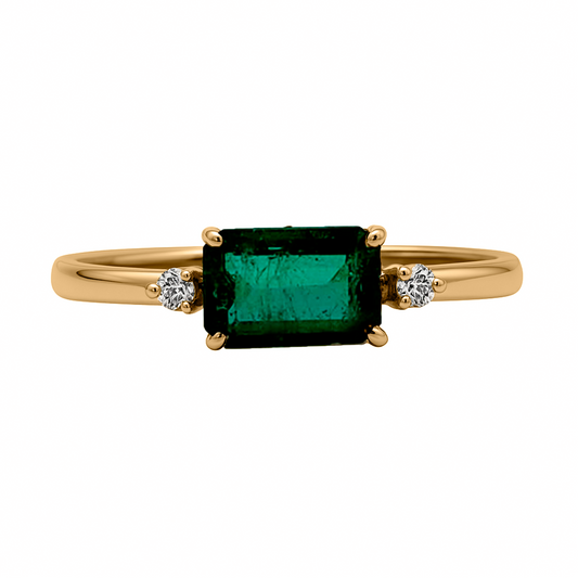 Anillo Solitario con Esmeralda y Diamantes en Oro Amarillo 18k