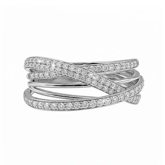 Anillo Aros Cruzados Oro Blanco 18k con Diamantes