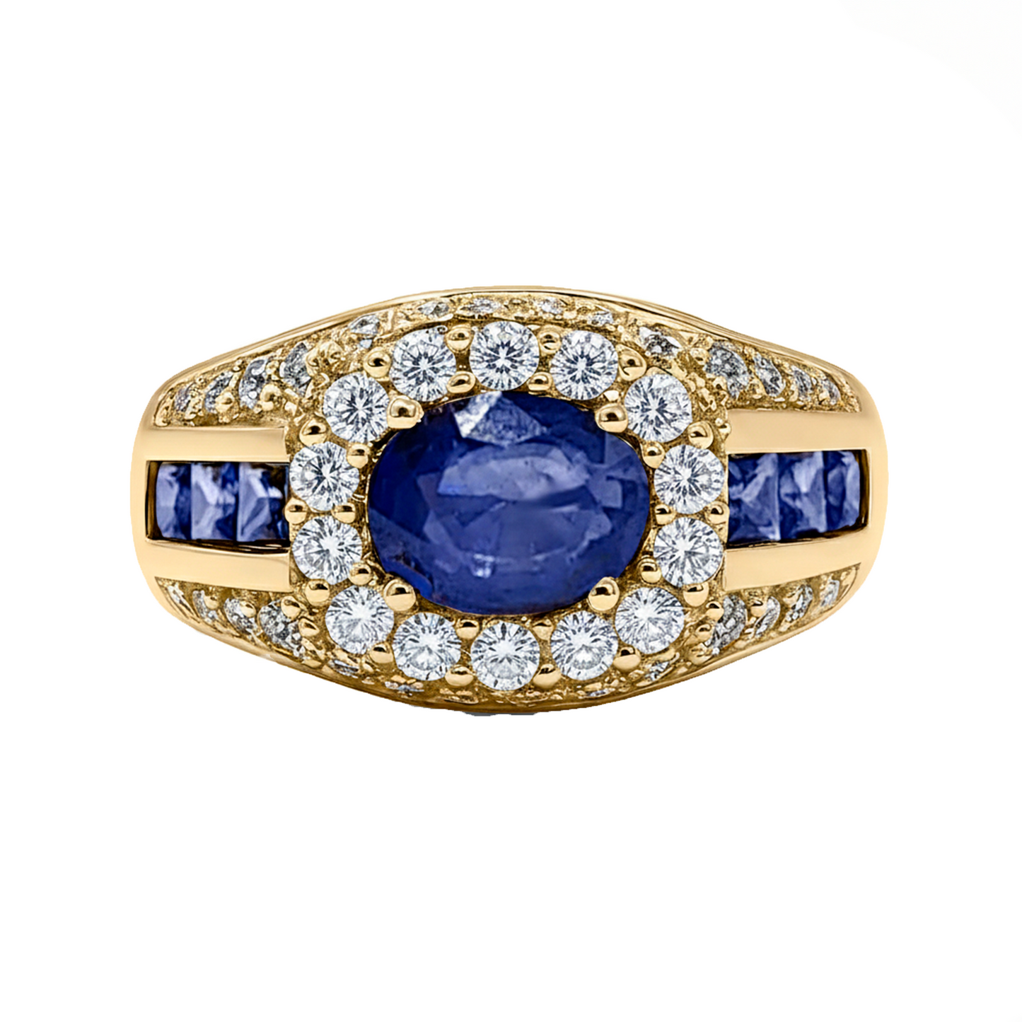 Anillo De Hombre En Oro Amarillo 18k Con Diamantes Y Zafiros