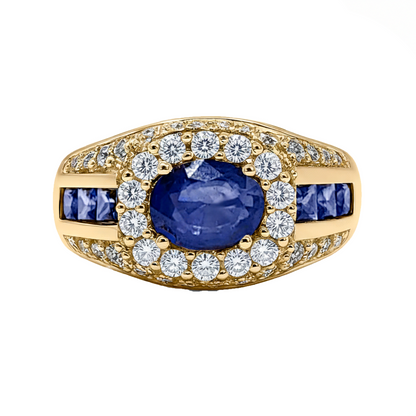 Anillo De Hombre En Oro Amarillo 18k Con Diamantes Y Zafiros
