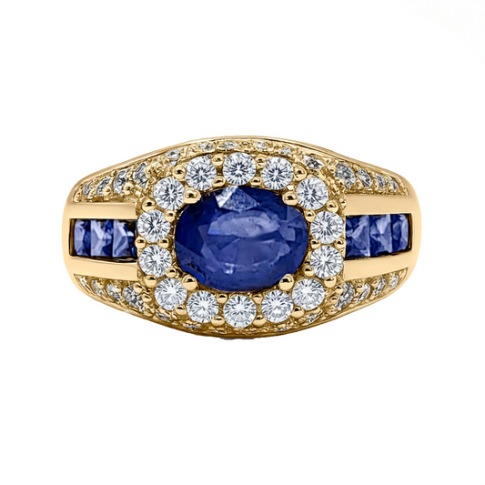 Anillo De Hombre En Oro Amarillo 18k Con Diamantes Y Zafiros