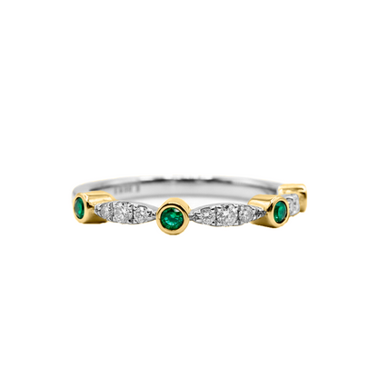 Anillo Cintillo Diamantes y Esmeralda Oro Blanco 18K