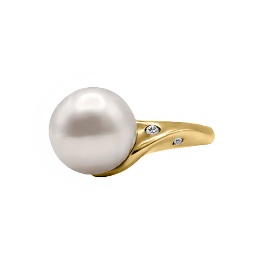 Anillo Perla Dorada 9mm En Oro Amarillo 18k Con Diamantes