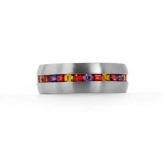Anillo en Plata 950 con Línea de Circones Multicolor en Engaste Continuo