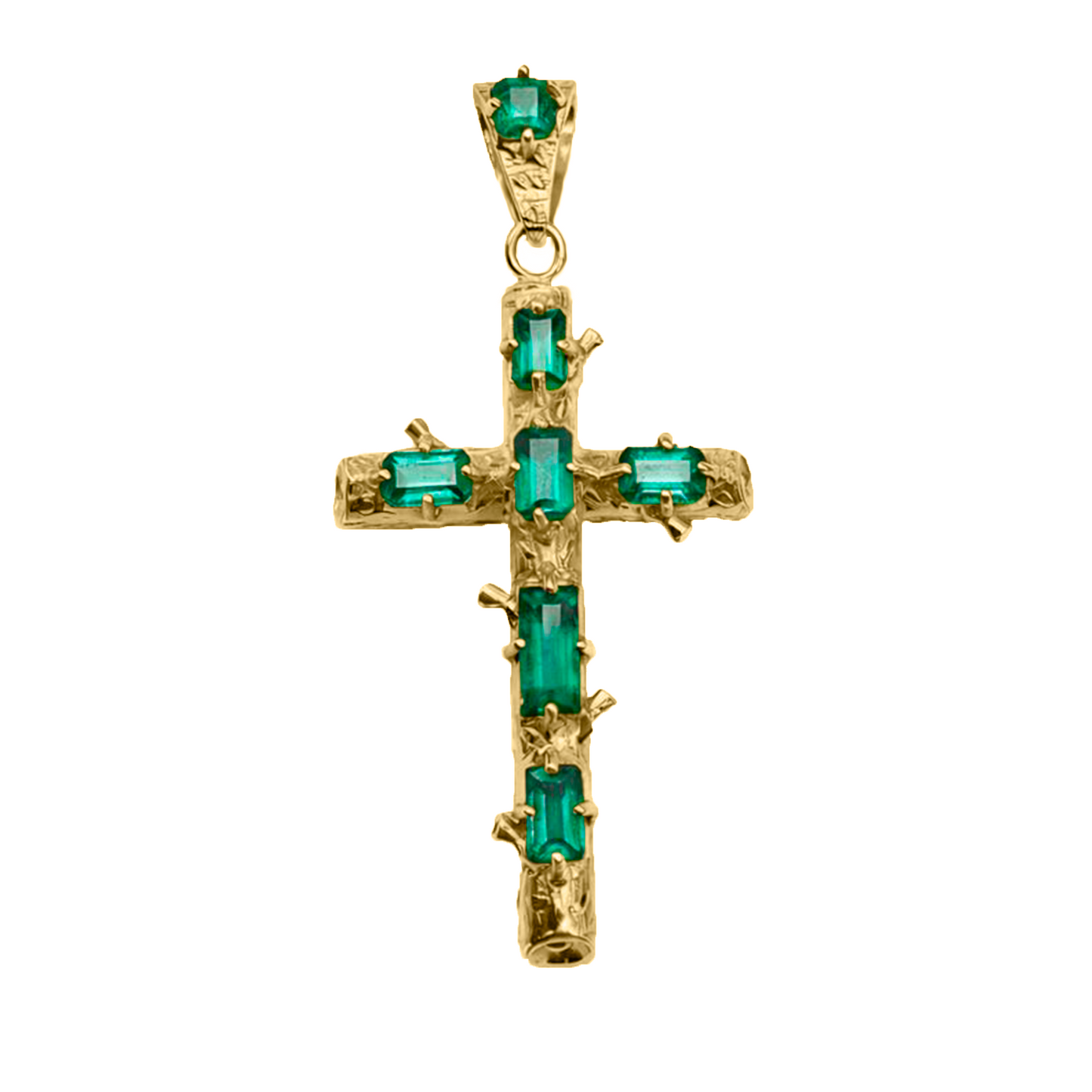 Cruz en  Oro Amarillo 18k con Esmeralda estilo Rustico