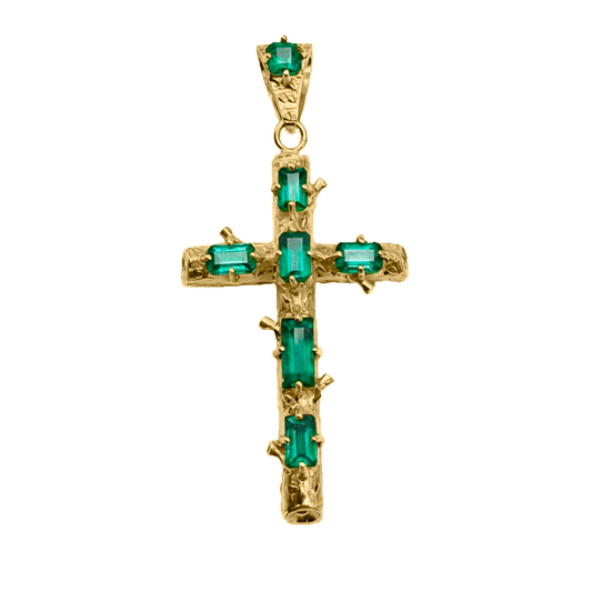 Cruz en  Oro Amarillo 18k con Esmeralda estilo Rustico