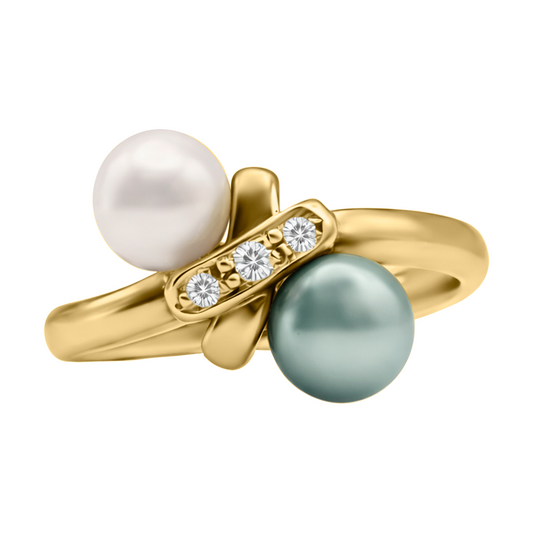 Anillo Par De Perla Una Gris Una Normal En Oro Amarillo 18k Y Diamantes