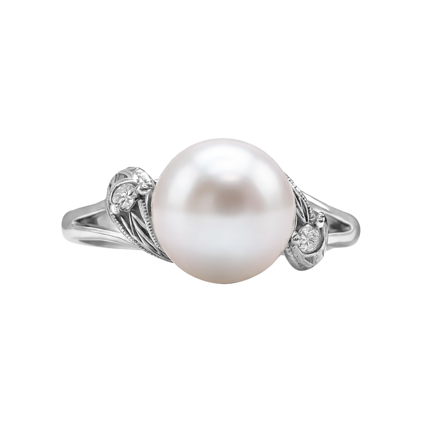 Anillo Perla Con Hojas De Diamantes