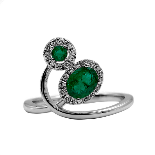 Anillo Cruzado de Esmeralda y Diamante en Oro Blanco 18k