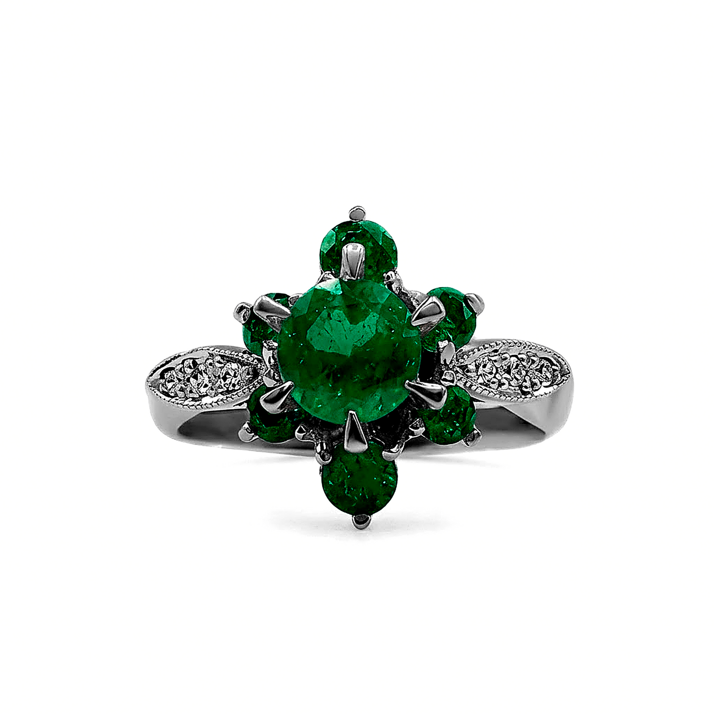 Anillo Flor en Esmeralda en Oro Blanco 18k