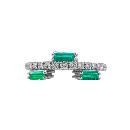 Anillo Trio de Esmeralda con Diamante en Oro Blanco 18k
