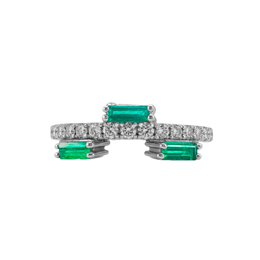 Anillo Trio de Esmeralda con Diamante en Oro Blanco 18k