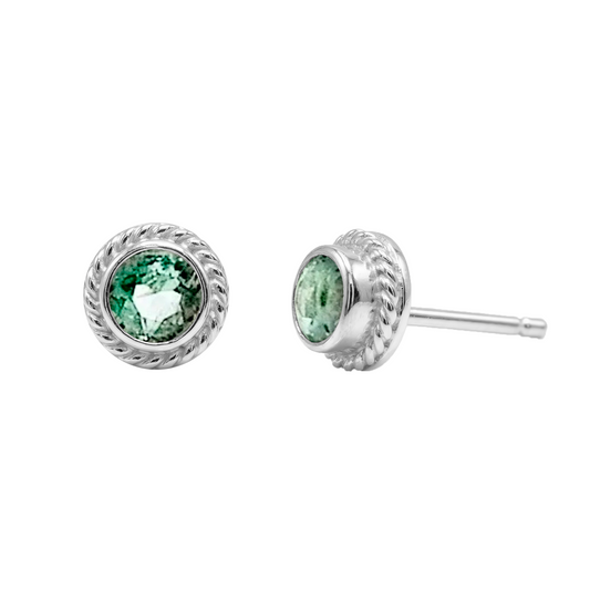 Aretes Topos Plata Con Esmeralda Redonda Natural Verde Claro