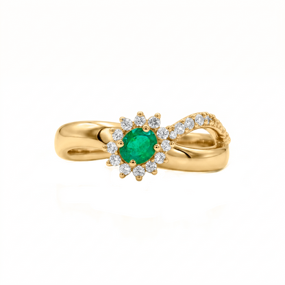 Anillo con Esmeralda y Diamantes en Oro Amarillo 18 k