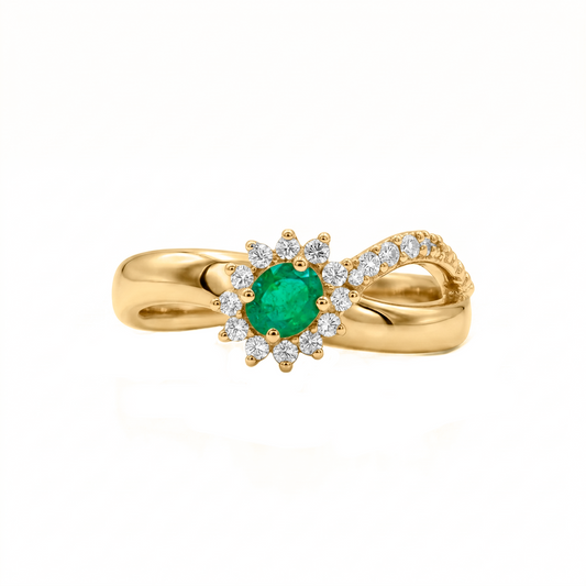 Anillo con Esmeralda y Diamantes en Oro Amarillo 18 k