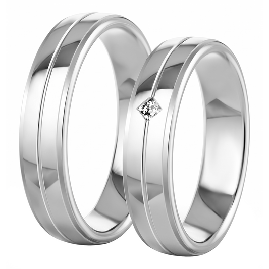 Argollas De Matrimonio Compromiso Plata – Diseño Moderno con Canal y Piedra