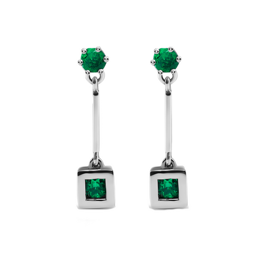 Aretes En Oro Blanco 18K  Con Esmeralda