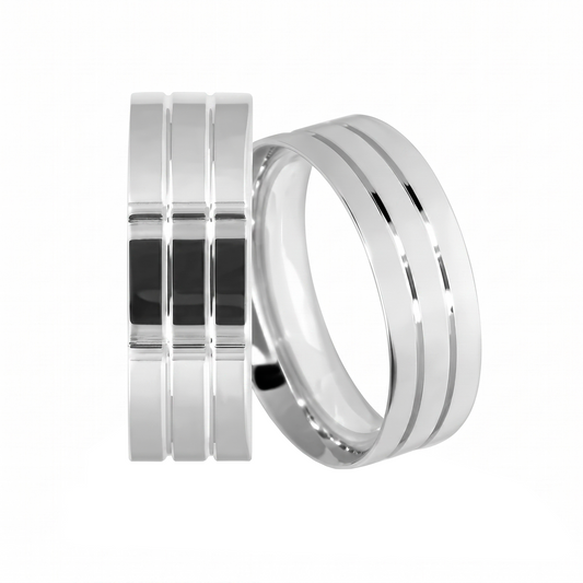 Argolla de Matrimonio en plata Diseño de 2 linea Efecto Oro Blanco