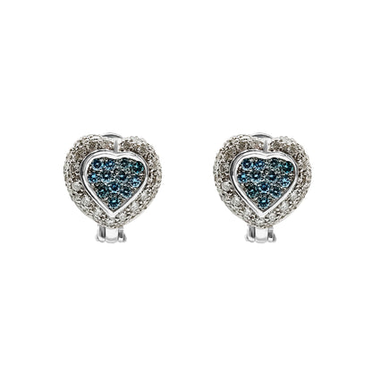 Aretes En Oro Blanco Con Diamantes Blancos Y Azules En Forma De Corazón