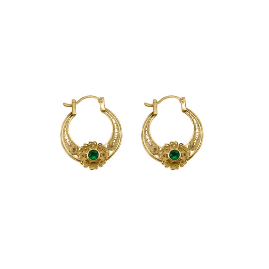 Candongas Con Flor en Oro Amarillo 18K Con Esmeralda