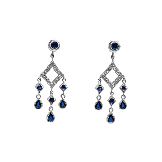 Aretes Bailarina Rombo Oro Blanco 18k Con Zafiros Y Diamantes