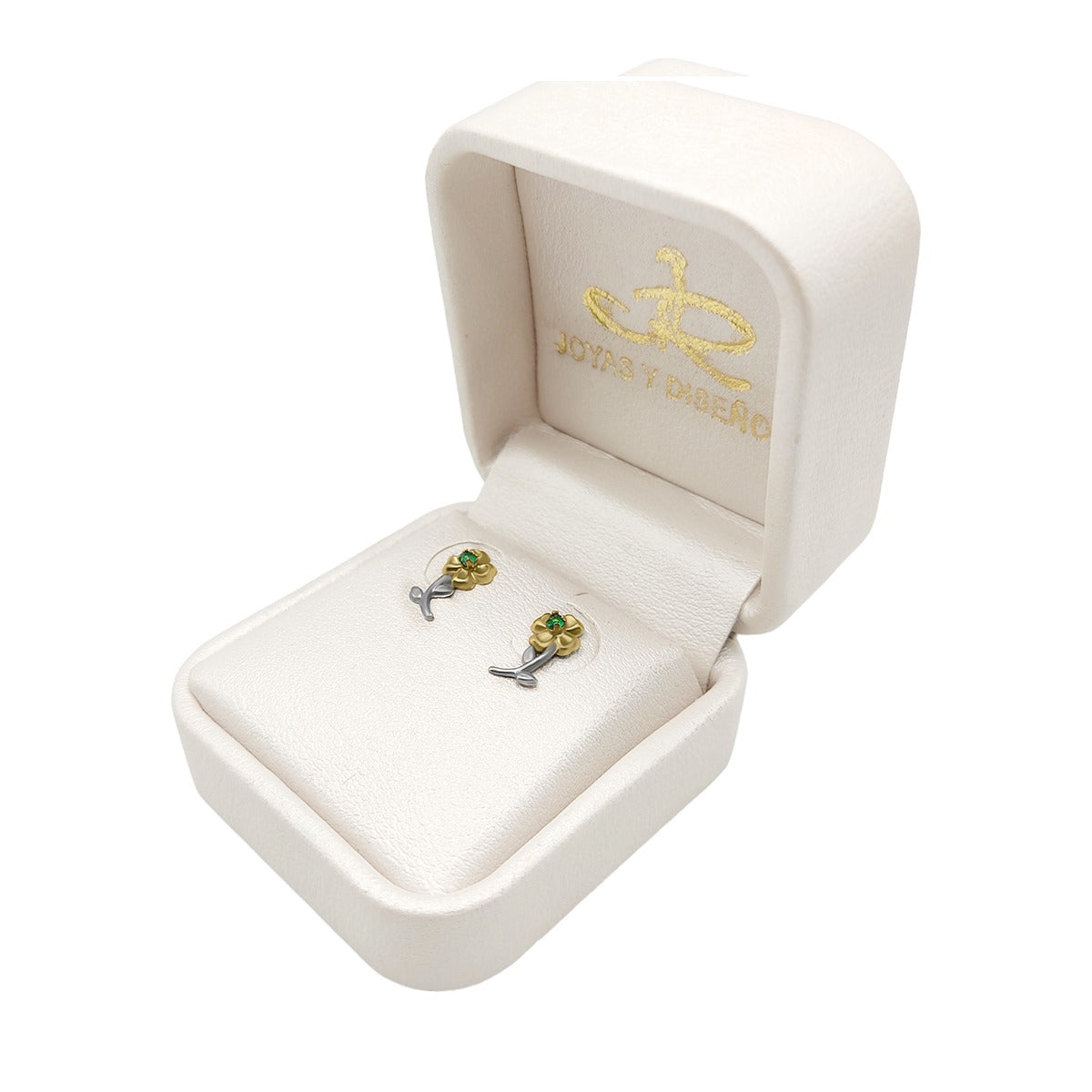 Topos De Flor En Oro Amarillo Y Blanco 18k, Con Esmeralda