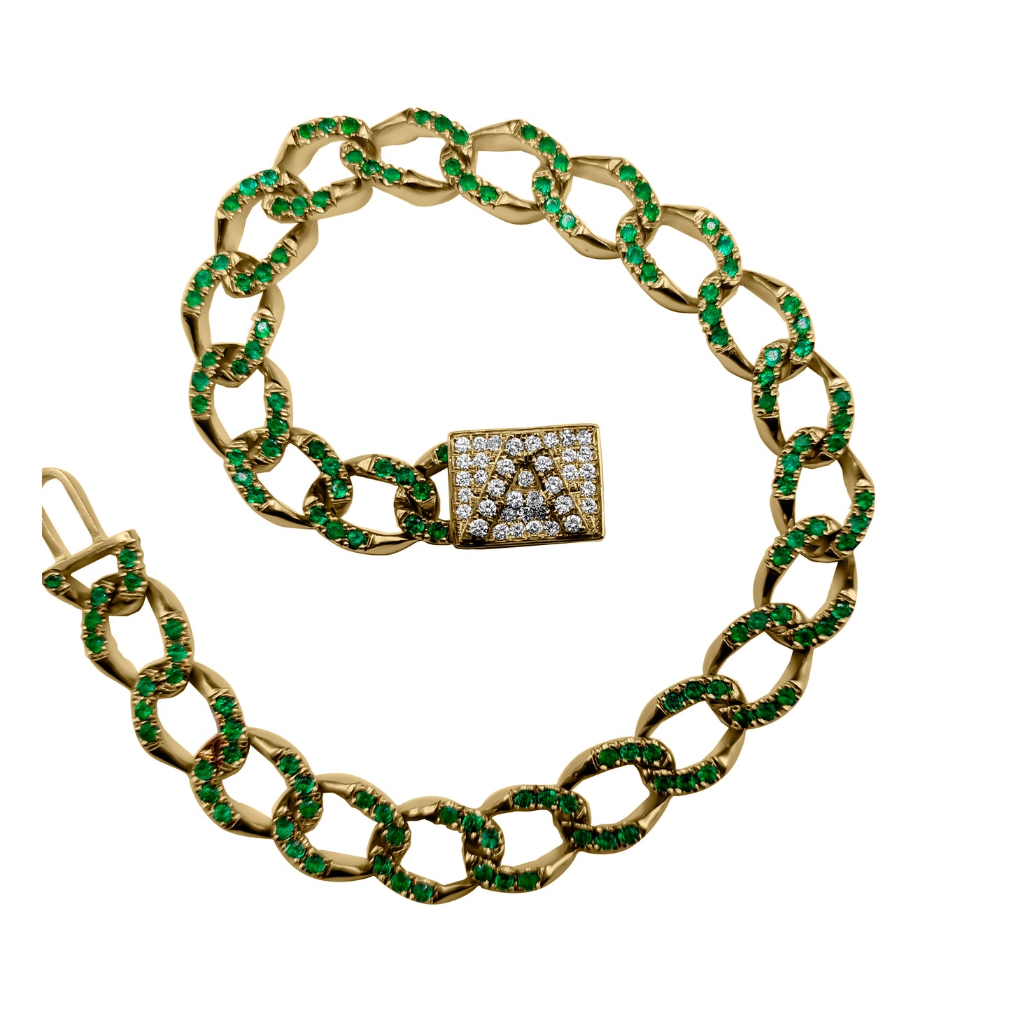 Pulsera Cubana De Esmeraldas y diamante En Oro Amarillo 18k